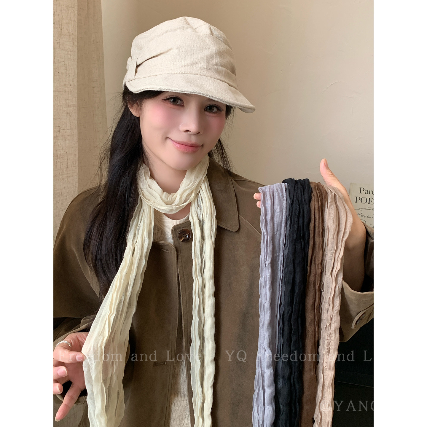 百搭神器！复古文艺褶皱长条丝巾女款2026新款系脖围巾高级感围脖