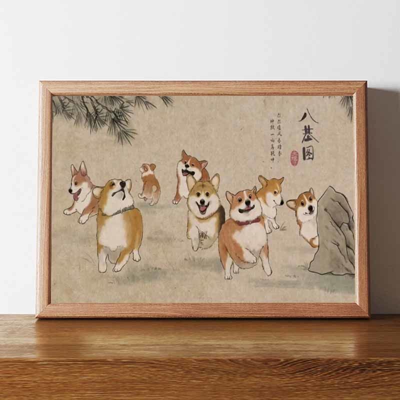 八基图名家真迹八哈图八犬图客厅餐厅横版狗狗动物装饰画桌柜摆画