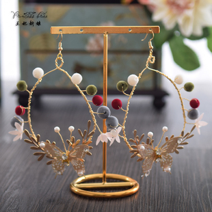 复古新娘金色夸张花朵耳环大圆圈蝴蝶耳饰晚会拍照结婚摄影饰品