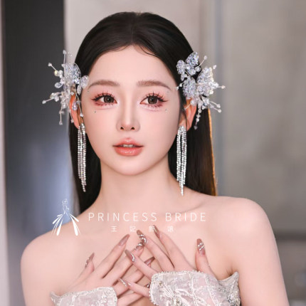 2026新品韩式新娘透明蝴蝶边夹头饰耳环结婚婚纱晚礼服拍照配饰品