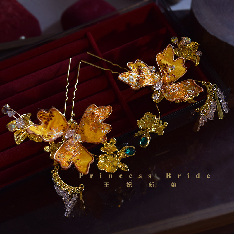 新品新娘金色流苏鬓角夹边夹头饰古风汉服龙凤褂发饰婚礼晨袍配饰