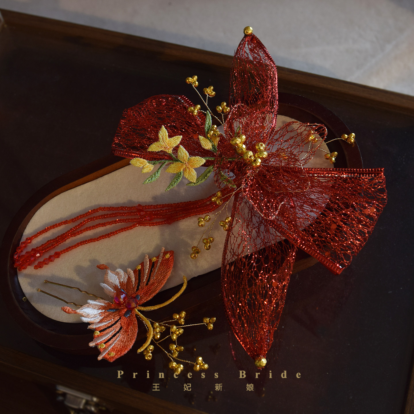 红色蝴蝶网纱发饰手工刺绣流苏