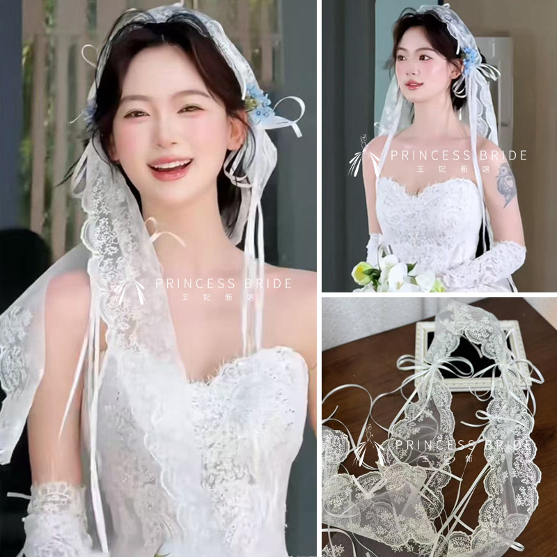 仙气白色蕾丝蝴蝶结发带新娘头饰