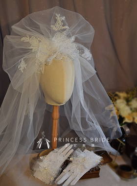 原创新款超仙白色蕾丝飘逸新娘头纱梦幻蓬蓬纱婚礼影楼样片外景配