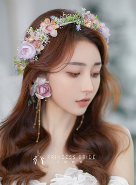 原创新品超仙手工森系花朵新娘头饰淡紫色花环影楼外景礼服旅拍饰