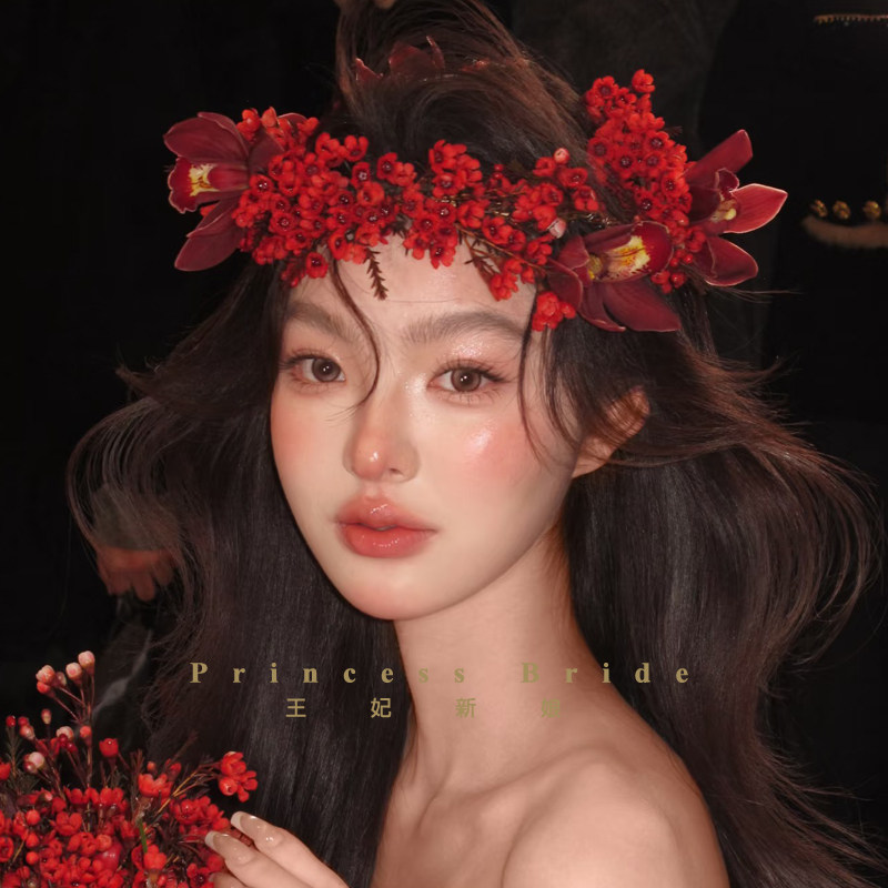 新款中式酒红色花朵花环发箍发饰复古大气新娘结婚纱礼服拍照配饰