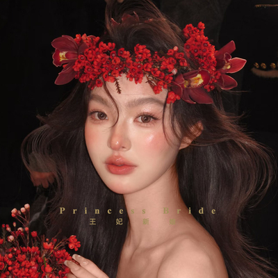 新款中式酒红色花朵花环发箍发饰复古大气新娘结婚纱礼服拍照配饰