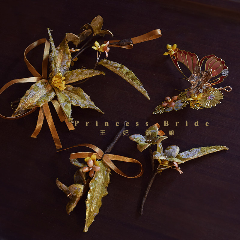 小众新中式新娘头饰晨袍晚礼服秀禾服蝴蝶边夹发饰婚礼宴会配饰品