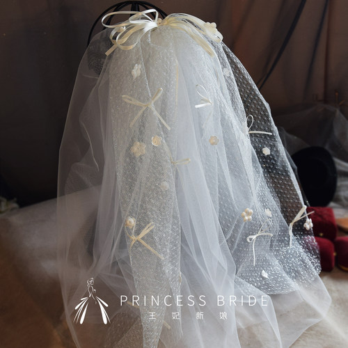 2026新品韩式时尚简约新娘蝴蝶结领证头纱拍照写真礼服道具头饰品