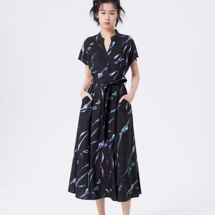 欧E专柜正品女装2026夏装新款时尚气质中长款印花连衣裙女