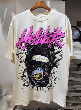 手机实拍2025夏潮流HELLSTAR满印vintage男女情侣宽松版型短袖T恤