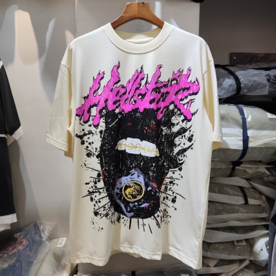 手机实拍2025夏潮流HELLSTAR满印vintage男女情侣宽松版型短袖T恤