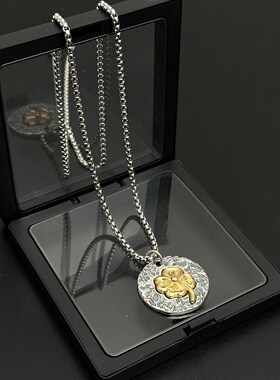 Vintage古着 原创圆牌四叶草项链男生潮牌嘻哈吊坠百搭毛衣链女