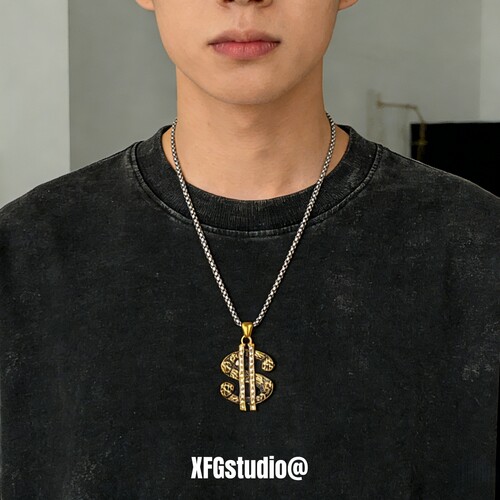 钛钢不掉色美金美元项链男士嘻哈