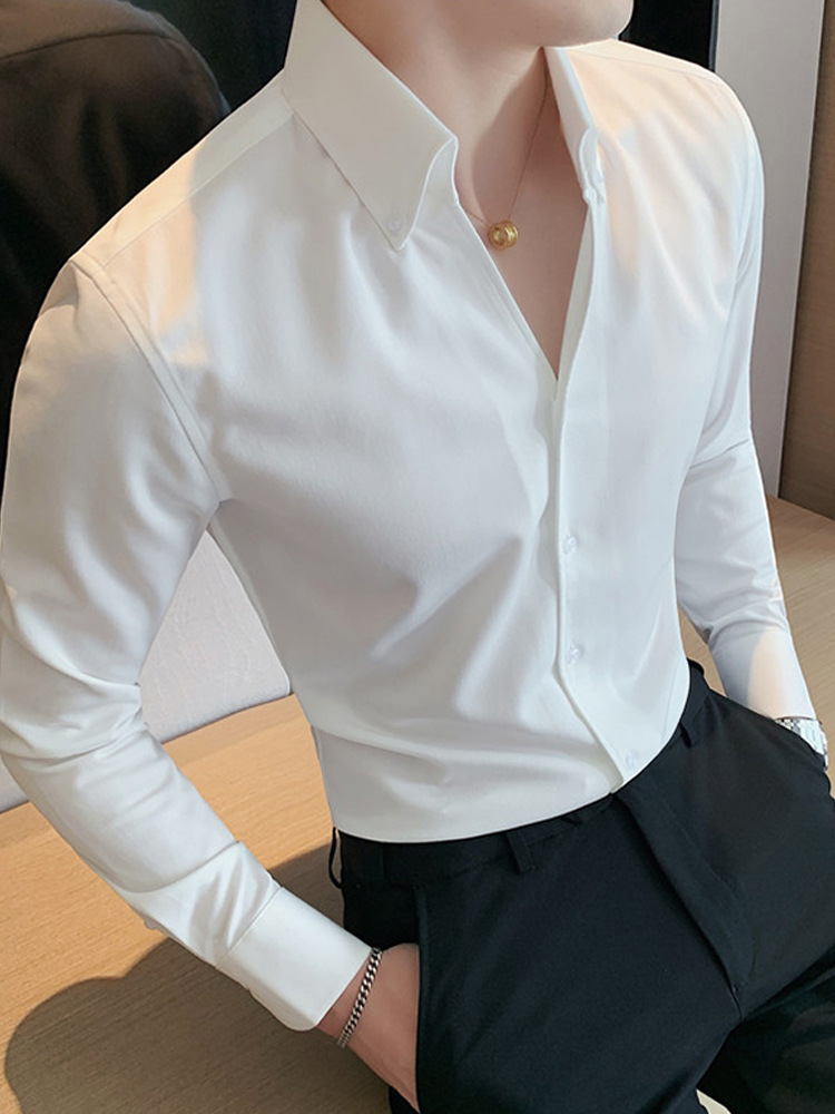 网红大V领衬衫男长袖商务正装潮流轻奢免烫休闲立领痞帅衬衣白色