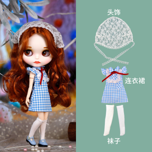 ICY DBS小布娃娃衣服田园可爱甜美蓝色格仔蕾丝头巾裙19关节娃衣