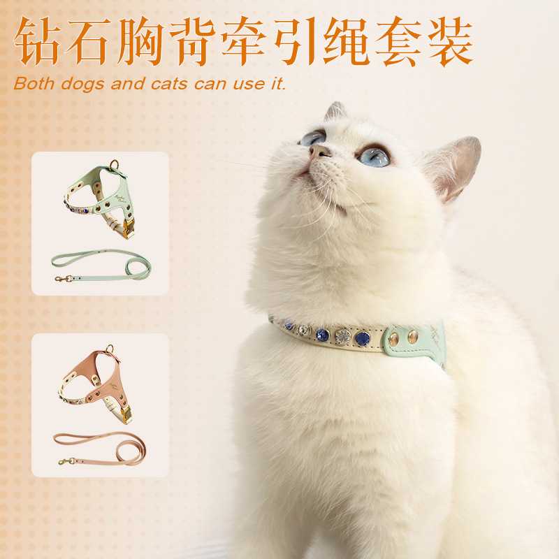 高颜值PU皮质宠物胸背牵引绳套装小型犬猫专用牵引绳彩钻胸背带