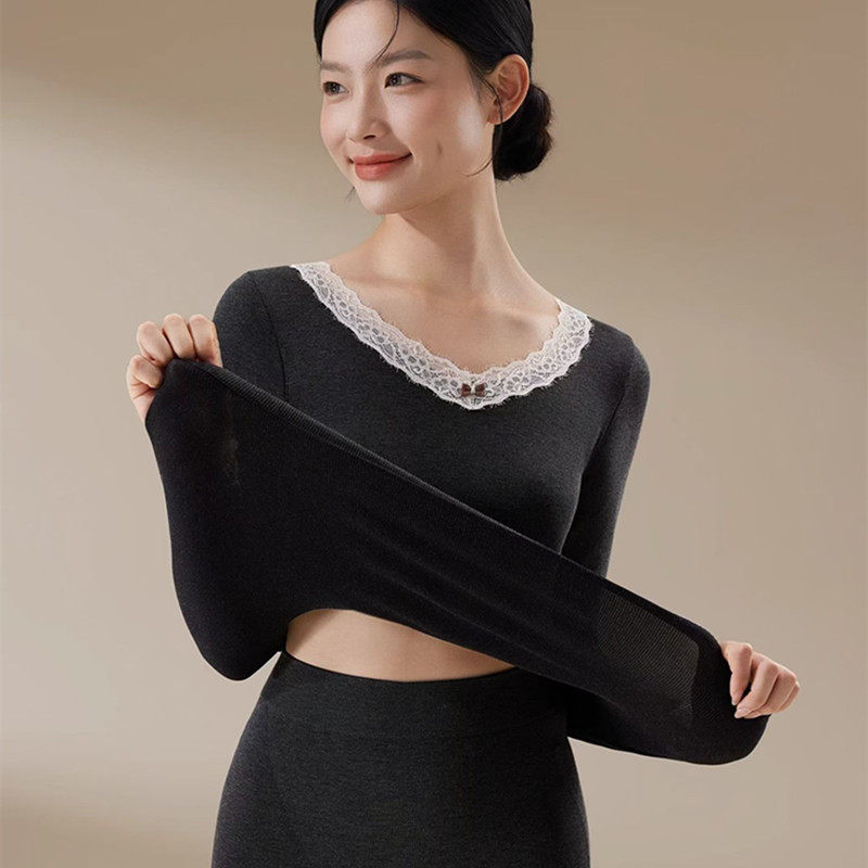 秋冬保暖内衣女套装V领蕾丝绵羊毛暖肤无缝美体打底高弹秋衣秋裤