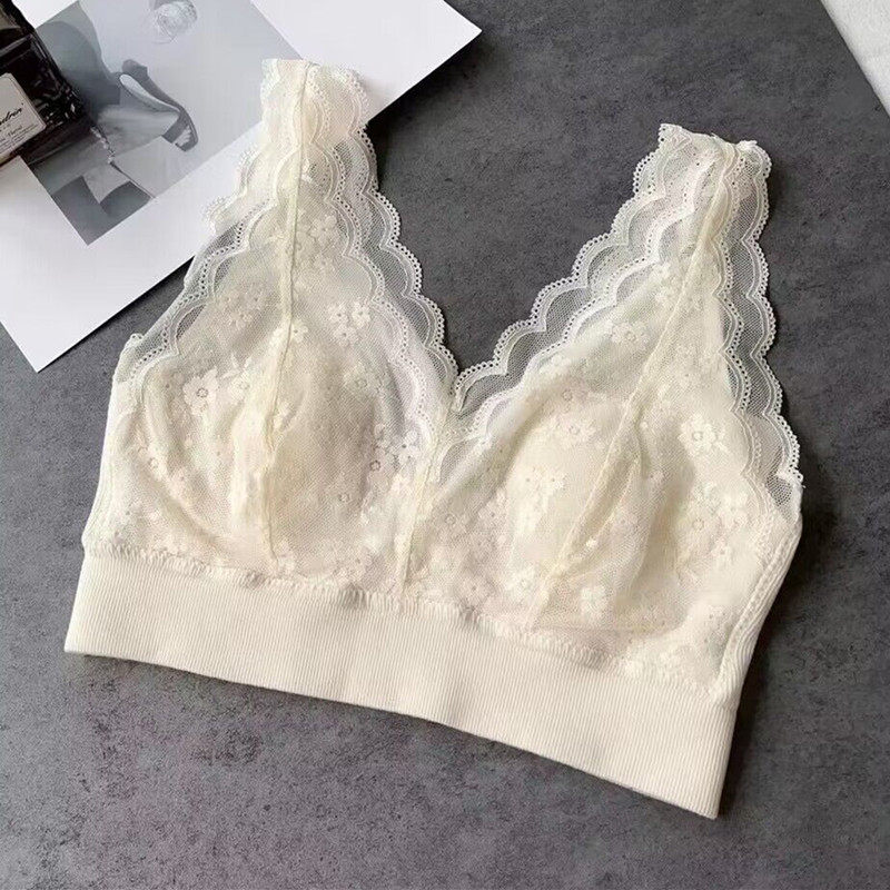 蕾丝V领抹胸宽肩带超薄兔耳杯大胸显小裹胸性感美背背心文胸一体
