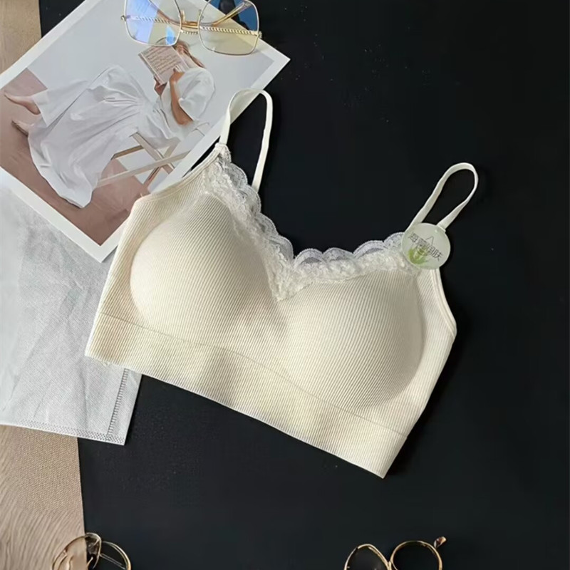 螺纹杯面抹胸甜美V领蕾丝边美背裹胸固定薄杯聚拢内衣无痕文胸罩