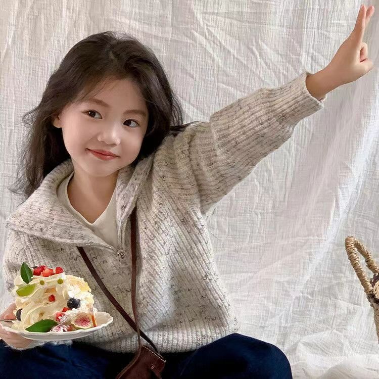女童秋冬时髦半拉链高领毛衣厚2025新款女孩韩系设计感针织衫上衣