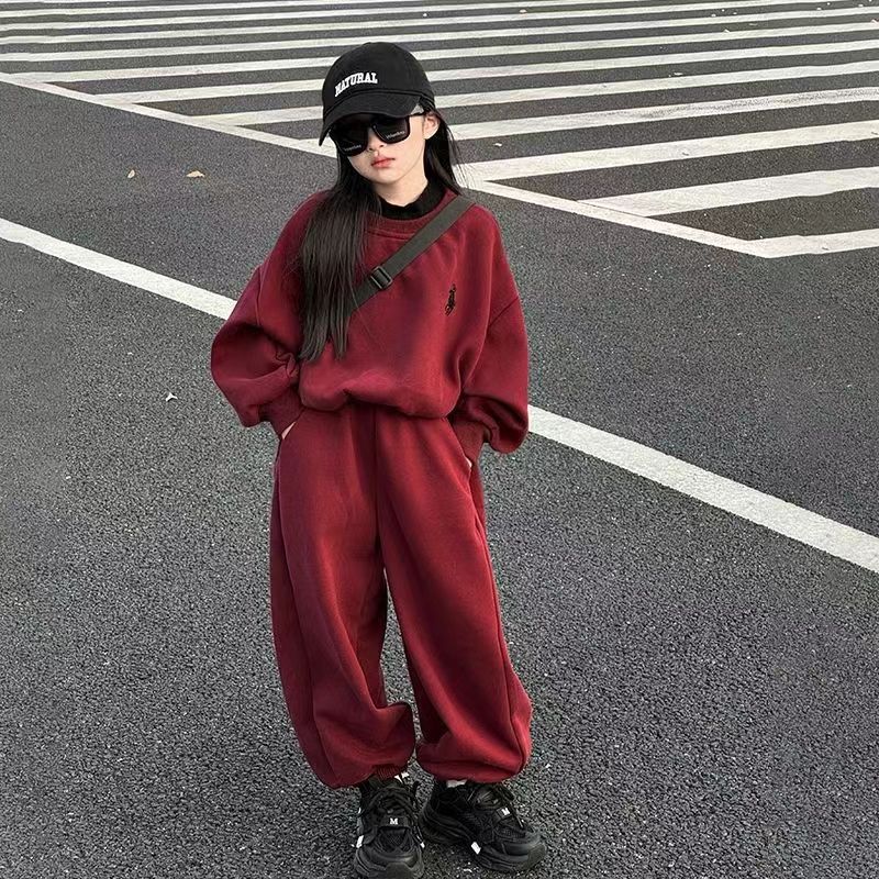 女童新年加绒套装秋冬儿童拜年服红色卫衣卫裤12岁女孩本命年衣服