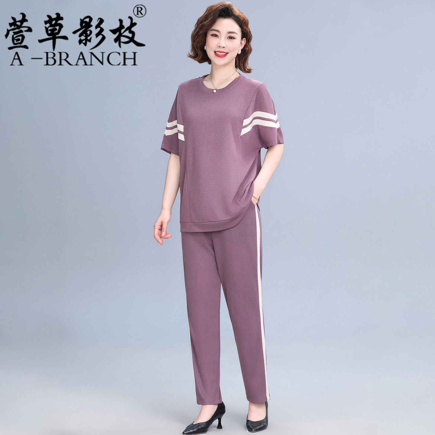 胖妈妈夏装运动服洋气休闲两件套中老年女短袖T恤加肥加大码套装