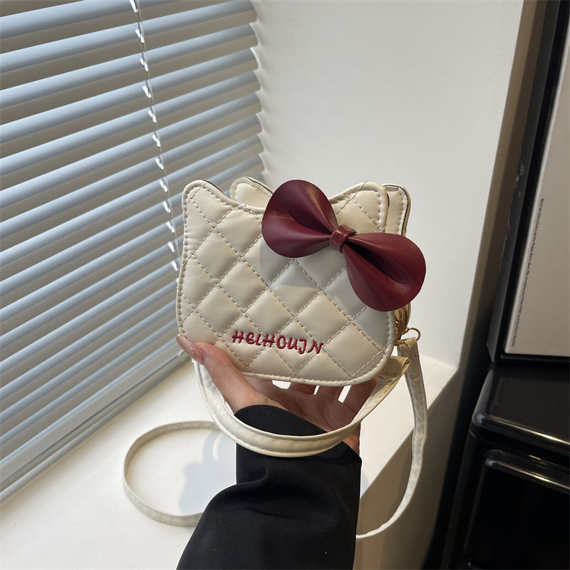 芊舒祺新款日韩风蝴蝶结小方包女菱格纹斜挎包少女可爱卡通单肩包