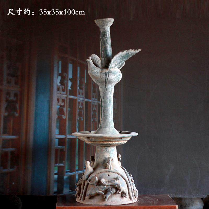 仿古汉绿釉陶器灯台摆件油灯中式家居摆件复古装饰收藏艺术老物件