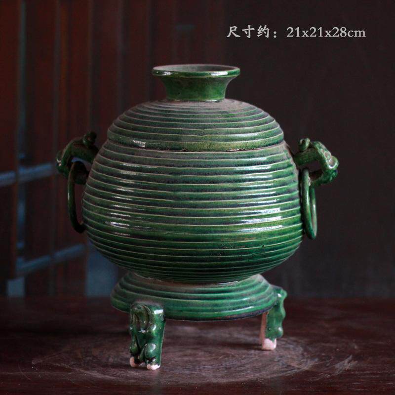仿古青瓷弦纹双兽耳三足香炉摆件绞胎双系陶瓷罐家居装饰工艺品