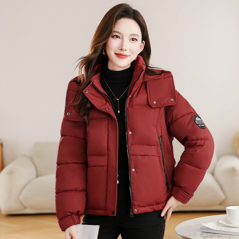 2025冬季新款枣红色短款连帽棉服女宽松加厚保暖小个子棉衣外套潮