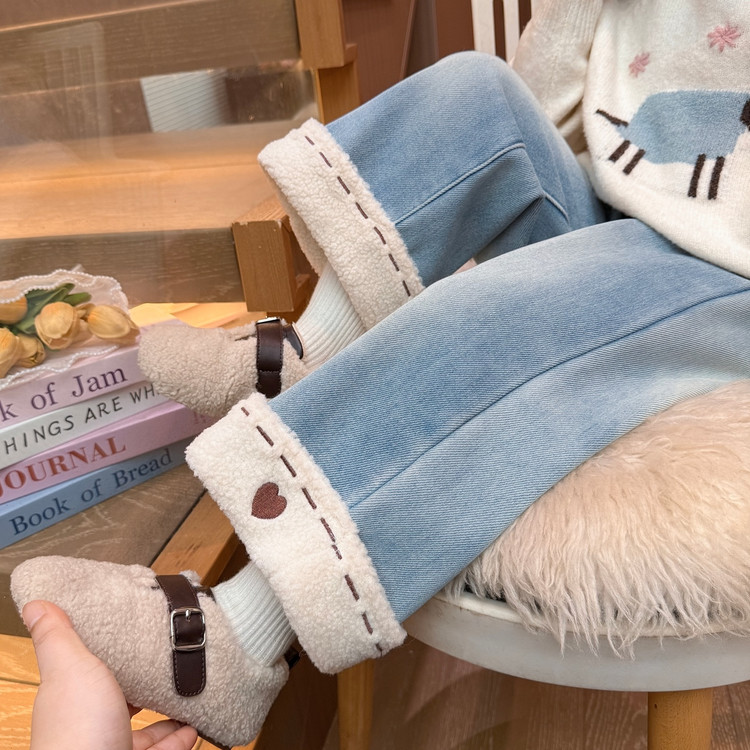 女童加绒裤子秋冬款2025新款洋气童装女宝宝休闲一体绒直筒牛仔裤