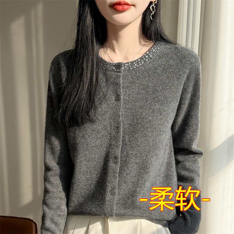 春秋冬季新款领口烫钻圆领开衫女毛衣宽松针织韩版外搭小外套纯色