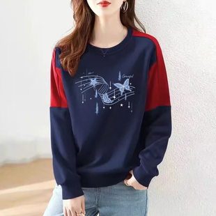 气质卫衣潮 宽松撞色时尚 外贸出口清仓纯棉休闲拼接长袖 上衣女秋季