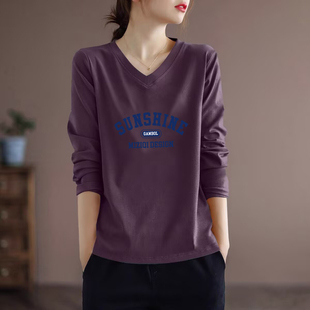 上衣 休闲百搭显瘦大码 外贸出口100%纯棉长袖 t恤女春秋洋气打底衫