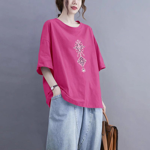 外贸出口清仓100%纯棉短袖 减龄上衣 t恤女气质夏宽松显瘦体恤时尚