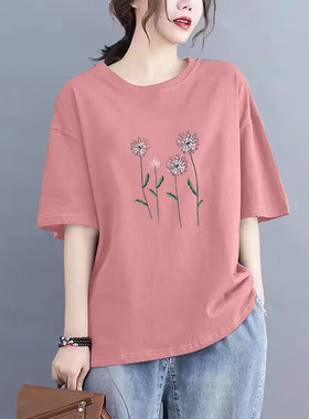 100%纯棉夏季短袖印花T恤上衣女