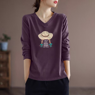 宽松气质打底衫 秋季 上衣女 V领T恤文艺衫 外贸出口清仓100%纯棉长袖