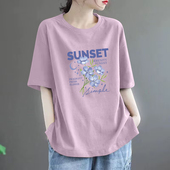 文艺显瘦百搭短袖 外贸出口专柜正品 100%纯棉印花t恤女夏季 上衣潮