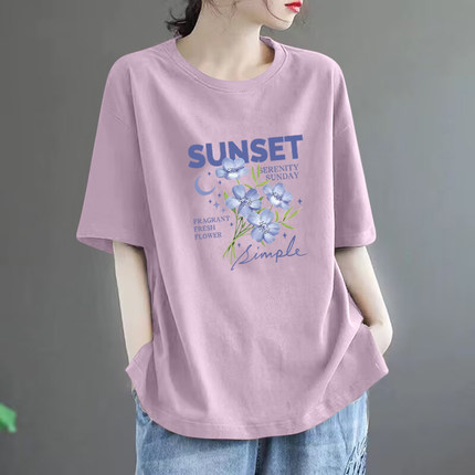 外贸出口专柜正品100%纯棉印花t恤女夏季文艺显瘦百搭短袖上衣潮