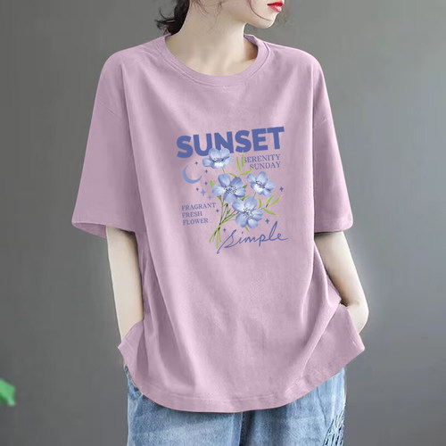 100%纯棉印花t恤女夏季文艺