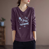 外贸出口清仓100%纯棉长袖 气质t恤女宽松秋冬减龄打底时尚 V领上衣