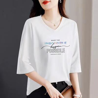 纯棉V领大码显瘦短袖上衣女