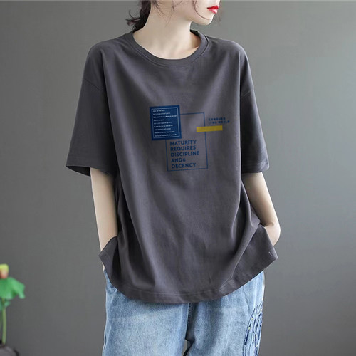 外贸出口品牌专柜清仓女装复古宽松印花纯棉短袖t恤休闲百搭上衣