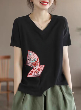时尚文艺风V领短袖T恤女夏季宽松印花不对称上衣气质显瘦打底衫潮