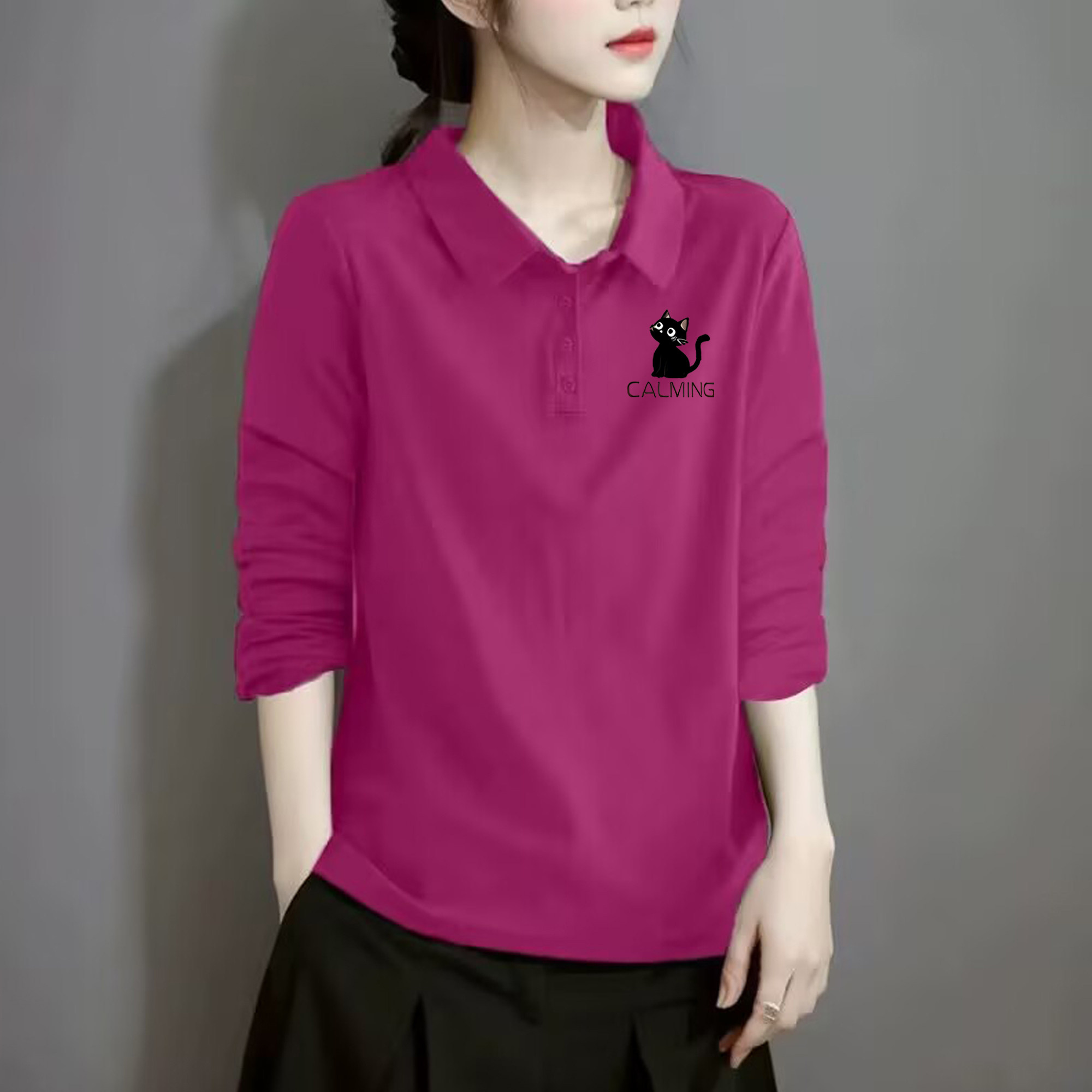 纯棉POLO领长袖T恤衬衫女秋季洋气减龄大码宽松卡通印花显瘦上衣