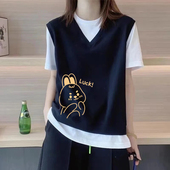 外贸出口品牌清仓100%纯棉假两件短袖 T恤女2025气质休闲拼接上衣