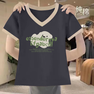 减龄上衣 t恤女夏休闲显瘦时尚 外贸出口清仓100%纯棉短袖 印花短袖