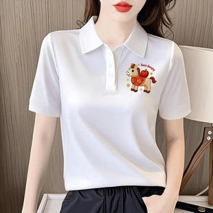 外贸清仓出口100%纯棉polo领短袖 t恤女宽松显瘦百搭气质翻领上衣