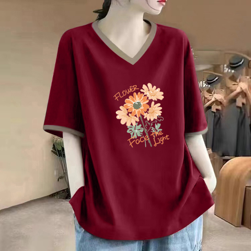 100%纯棉V领文艺减龄T恤女